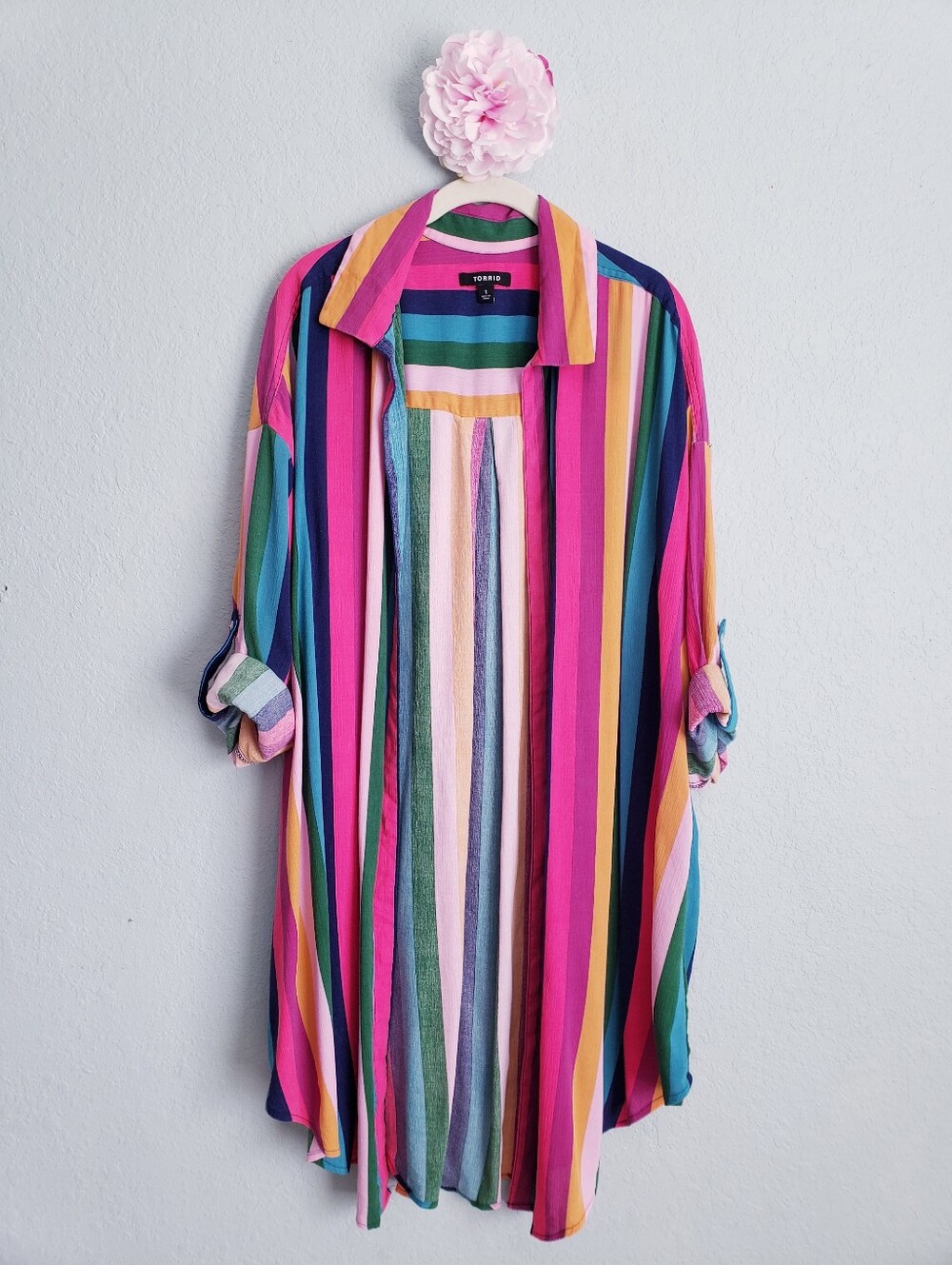 Torrid Rainbow Striped Woven Gauze Oversized Open Kimono Coverup Shirt